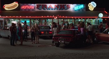 Movie still from “Smooth Talk” (1985), directed by Joyce Chopra – A group of people standing outside of a restaurant; Extreme Wide shot, High angle