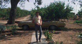 Movie still from “Smooth Talk” (1985), directed by Joyce Chopra – A man standing in front of an old car in a field; Wide shot, Low angle