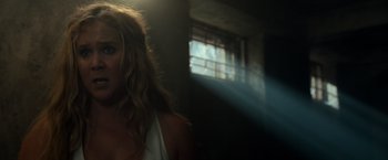 Movie still from “Snatched” (2017), directed by Jonathan Levine – A woman standing next to a window in a dark room; Close Up shot, Low angle