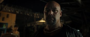 Movie still from “Snatched” (2017), directed by Jonathan Levine – A bald man with a beard wearing a gold chain around his neck; Close Up shot, Low angle