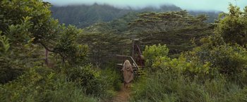 Movie still from “Snatched” (2017), directed by Jonathan Levine – A person walking on a path in the middle of a lush green forest; Extreme Wide shot, High angle