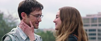 Movie still from “Snowden” (2016), directed by Oliver Stone – A man and a woman looking at one another; Close Up shot, Over the shoulder angle