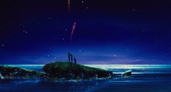 Movie still from “Snowpiercer” (2013), directed by Bong Joon Ho – Two people standing on a rock in the ocean at night; Extreme Wide shot, High angle