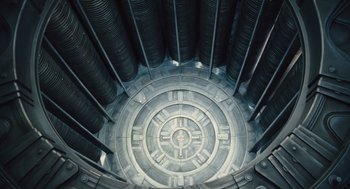 Movie still from “Snowpiercer” (2013), directed by Bong Joon Ho – A circular pattern in the middle of a room; Extreme Wide shot, Overhead angle