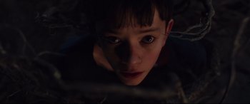 Movie still from “A Monster Calls” (2016), directed by J.A. Bayona – A young boy is looking up at the camera; Close Up shot, High angle