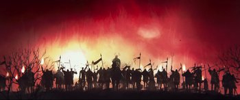 Movie still from “A Monster Calls” (2016), directed by J.A. Bayona – A group of people standing in front of a red sky; Extreme Wide shot, Low angle