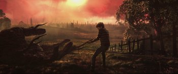 Movie still from “A Monster Calls” (2016), directed by J.A. Bayona – A painting of a man holding a tree branch; Wide shot, High angle