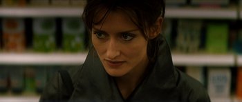 Movie still from “Solaris” (2002), directed by Steven Soderbergh – A person wearing a leather jacket; Close Up shot, Over the shoulder angle