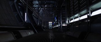 Movie still from “Solaris” (2002), directed by Steven Soderbergh – A train station with a train on the tracks; Extreme Wide shot, High angle