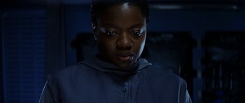 Movie still from “Solaris” (2002), directed by Steven Soderbergh – A person wearing a jacket; Close Up shot, Low angle