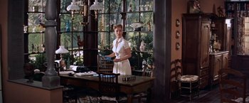 Movie still from “Some Came Running” (1958), directed by Vincente Minnelli – A woman standing at a dining room table in front of a window; Wide shot, Low angle