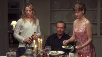 Movie still from “Something's Gotta Give” (2003), directed by Nancy Meyers – A man sitting at a dinner table surrounded by two women; Medium shot, Over the shoulder angle