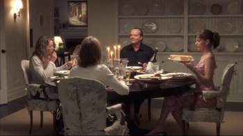 Movie still from “Something's Gotta Give” (2003), directed by Nancy Meyers – A group of people sitting around a dinner table; Wide shot, Over the shoulder angle