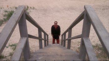 Movie still from “Something's Gotta Give” (2003), directed by Nancy Meyers – A man standing at the bottom of a wooden stair way; Extreme Wide shot, High angle