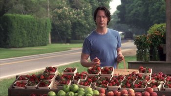 Movie still from “Something's Gotta Give” (2003), directed by Nancy Meyers – A man standing in front of boxes of fruit; Medium shot, Over the shoulder angle