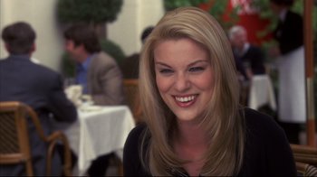 Movie still from “Something's Gotta Give” (2003), directed by Nancy Meyers – A woman with long blonde hair smiling for the camera; Close Up shot, Over the shoulder angle