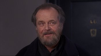 Movie still from “Something's Gotta Give” (2003), directed by Nancy Meyers – An older man with a beard is looking straight ahead; Close Up shot, Low angle