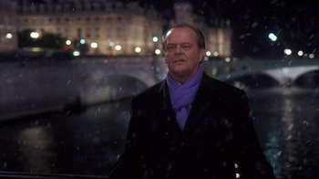 Movie still from “Something's Gotta Give” (2003), directed by Nancy Meyers – An older man wearing a black jacket and a purple scarf; Medium shot, Low angle