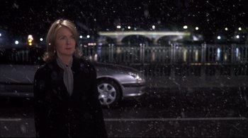 Movie still from “Something's Gotta Give” (2003), directed by Nancy Meyers – A woman standing in front of a car in the snow; Medium shot, Over the shoulder angle