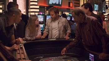 Movie still from “Somewhere” (2010), directed by Sofia Coppola – A man and two women playing a game at a casino; Medium shot, High angle