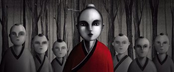 A painting of a woman in a red robe with two men in the background