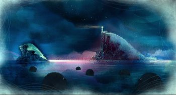 Movie still from “Song of the Sea” (2014), directed by Tomm Moore – A painting of a lighthouse on the ocean at night; Extreme Wide shot, High angle