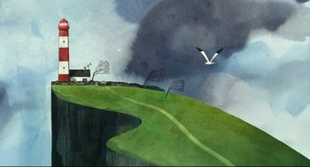 Movie still from “Song of the Sea” (2014), directed by Tomm Moore – A painting of a bird flying over a green field; Extreme Wide shot, High angle
