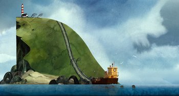 Movie still from “Song of the Sea” (2014), directed by Tomm Moore – An illustration of a boat in the water near a mountain; Extreme Wide shot, Low angle