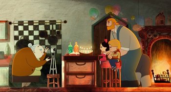 Movie still from “Song of the Sea” (2014), directed by Tomm Moore – An animated scene of a girl blowing out the candles on her birthday cake; Wide shot, Overhead angle
