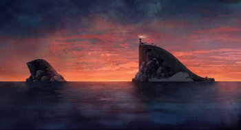 Movie still from “Song of the Sea” (2014), directed by Tomm Moore – An illustration of an island with a lighthouse on top of it; Extreme Wide shot, Low angle