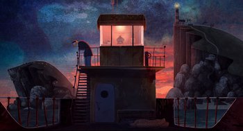 Movie still from “Song of the Sea” (2014), directed by Tomm Moore – A painting of a man standing on top of a building; Extreme Wide shot, High angle