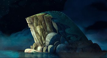 Movie still from “Song of the Sea” (2014), directed by Tomm Moore – An artistic painting of a rock formation in the water; Extreme Wide shot, High angle