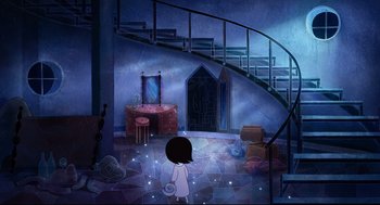 Movie still from “Song of the Sea” (2014), directed by Tomm Moore – A girl is standing in front of a spiral staircase; Extreme Wide shot, High angle