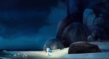 Movie still from “Song of the Sea” (2014), directed by Tomm Moore – An image of an animated scene with a person in the background; Extreme Wide shot, Low angle