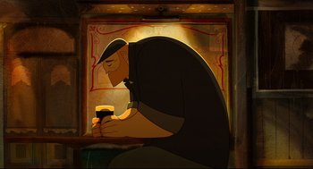 Movie still from “Song of the Sea” (2014), directed by Tomm Moore – An animated man holding a beer in his hand; Wide shot, Low angle