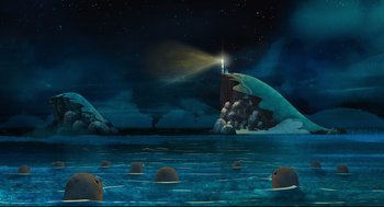 Movie still from “Song of the Sea” (2014), directed by Tomm Moore – An ocean scene with a lighthouse at night time; Extreme Wide shot, High angle