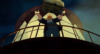 Movie still from “Song of the Sea” (2014), directed by Tomm Moore – An animated picture of a man holding a chest; Medium shot, Low angle