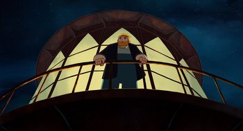 Movie still from “Song of the Sea” (2014), directed by Tomm Moore – An animated picture of a man standing on a balcony; Wide shot, Low angle