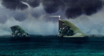 Movie still from “Song of the Sea” (2014), directed by Tomm Moore – An illustration of an island with a lighthouse on top of it; Extreme Wide shot, High angle