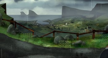 Movie still from “Song of the Sea” (2014), directed by Tomm Moore – An artistic drawing of a hilly landscape with mountains in the background; Extreme Wide shot, High angle