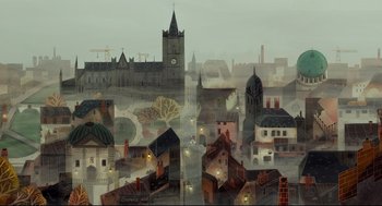 Movie still from “Song of the Sea” (2014), directed by Tomm Moore – An artistic painting of a town with a clock tower; Extreme Wide shot, High angle