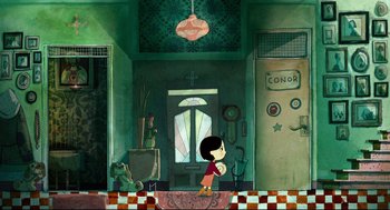 Movie still from “Song of the Sea” (2014), directed by Tomm Moore – A girl is standing in a room with a lamp; Extreme Wide shot, High angle
