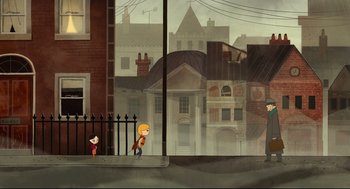 Movie still from “Song of the Sea” (2014), directed by Tomm Moore – Two people are walking down the sidewalk of a city street; Extreme Wide shot, High angle