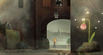Movie still from “Song of the Sea” (2014), directed by Tomm Moore – A cartoon of a girl standing in a doorway; Extreme Wide shot, High angle