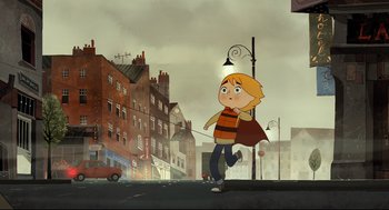 Movie still from “Song of the Sea” (2014), directed by Tomm Moore – A boy is walking down the street with a cape on; Wide shot, Low angle
