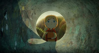Movie still from “Song of the Sea” (2014), directed by Tomm Moore – A cartoon of a boy looking through a hole in the wall; Wide shot, Overhead angle