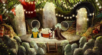 Movie still from “Song of the Sea” (2014), directed by Tomm Moore – An illustration of a stage with a person standing on it; Extreme Wide shot, Overhead angle