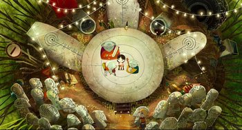 Movie still from “Song of the Sea” (2014), directed by Tomm Moore – An overhead view of an outdoor area with people sitting around it; Extreme Wide shot, Overhead angle