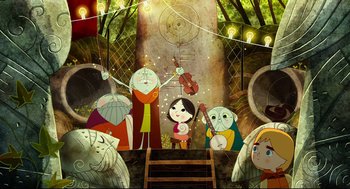 Movie still from “Song of the Sea” (2014), directed by Tomm Moore – A group of people standing next to each other in a forest; Wide shot, Overhead angle