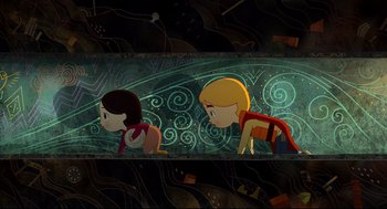 Movie still from “Song of the Sea” (2014), directed by Tomm Moore – Two cartoon characters looking at each other in the dark; Wide shot, Overhead angle